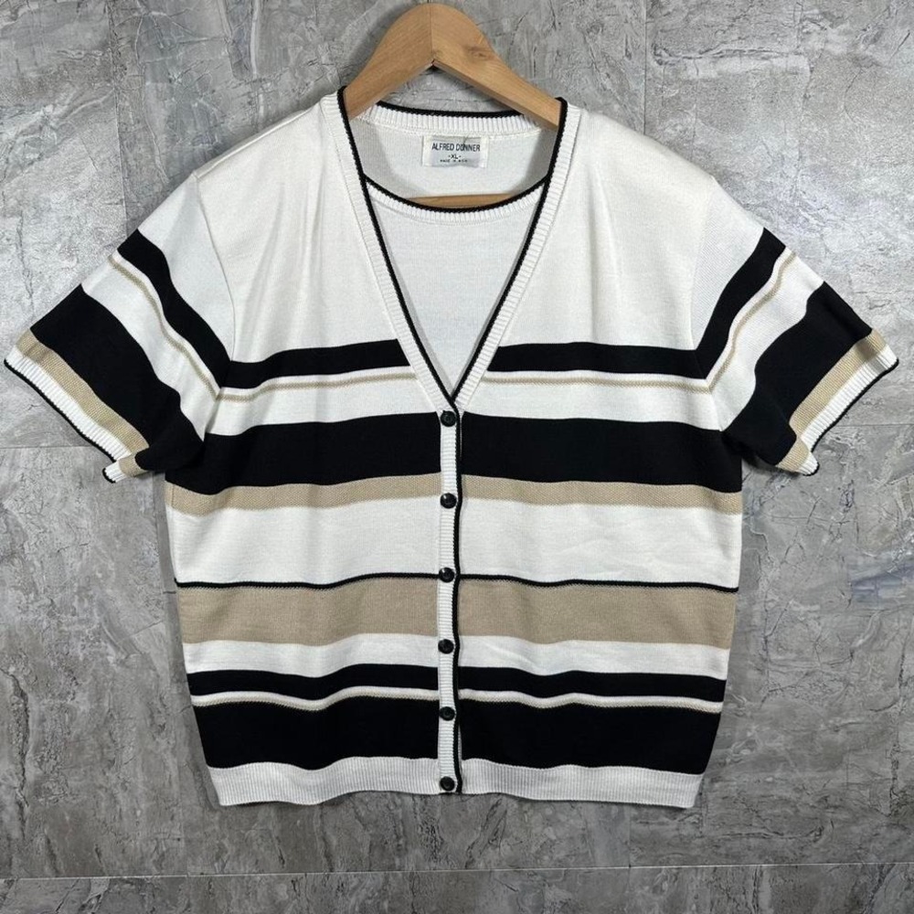 Alfred Dunner striped short sleeve button up cardigan sweater woman's Size XL